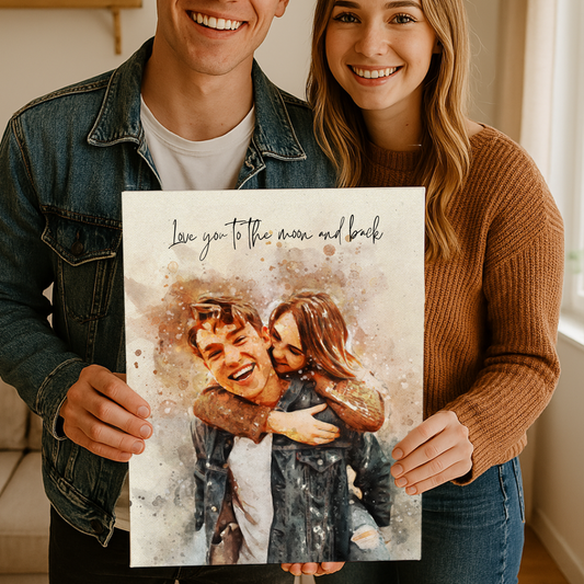 Close-up of watercolor-style couple artwork