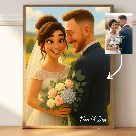Custom Cartoon Wedding Portrait from Photo – Personalized Bride & Groom Art