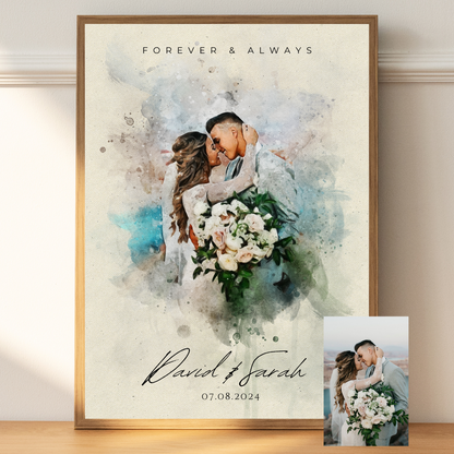 Custom Watercolor Portrait – Wedding Anniversary Gift – Canvas Print from Photo