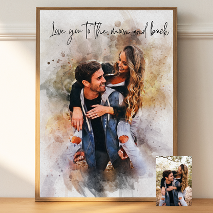 Custom anniversary portrait displayed on a wall