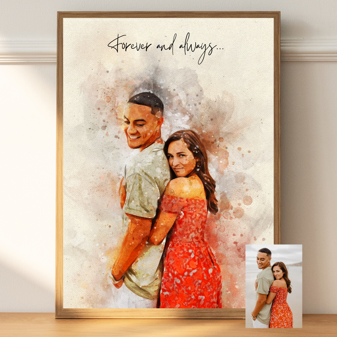 Close-up of watercolor-style couple illustration