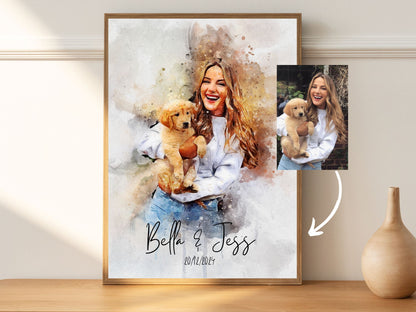 Dog and owner pet portrait painting on high-quality paper

