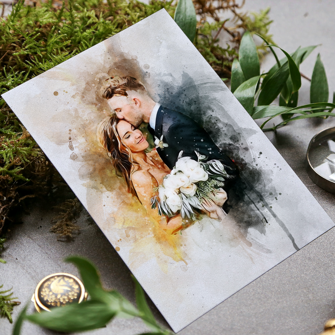 Unique custom watercolor portrait celebrating a wedding anniversary