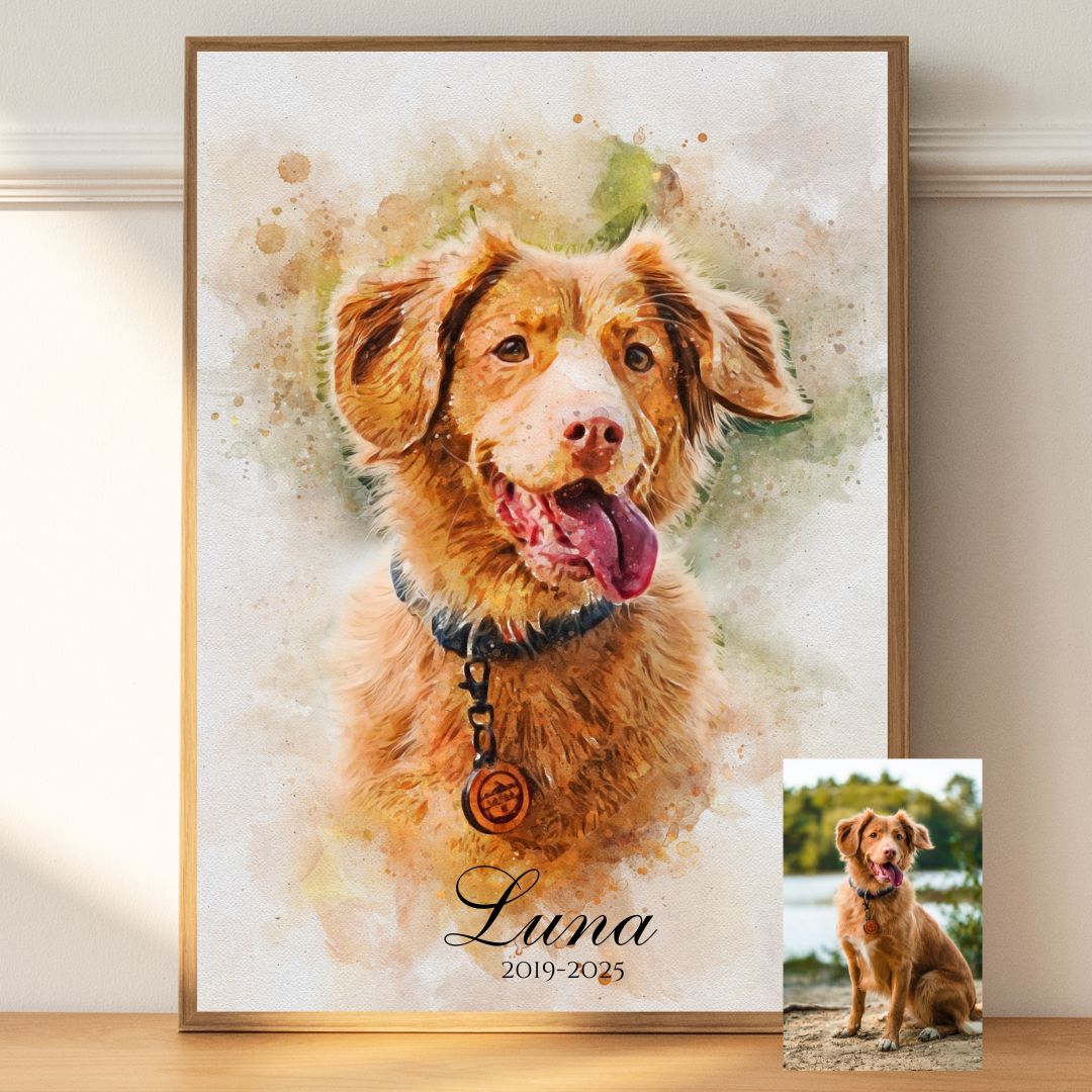 Watercolor pet portrait art, available on paper or canvas
