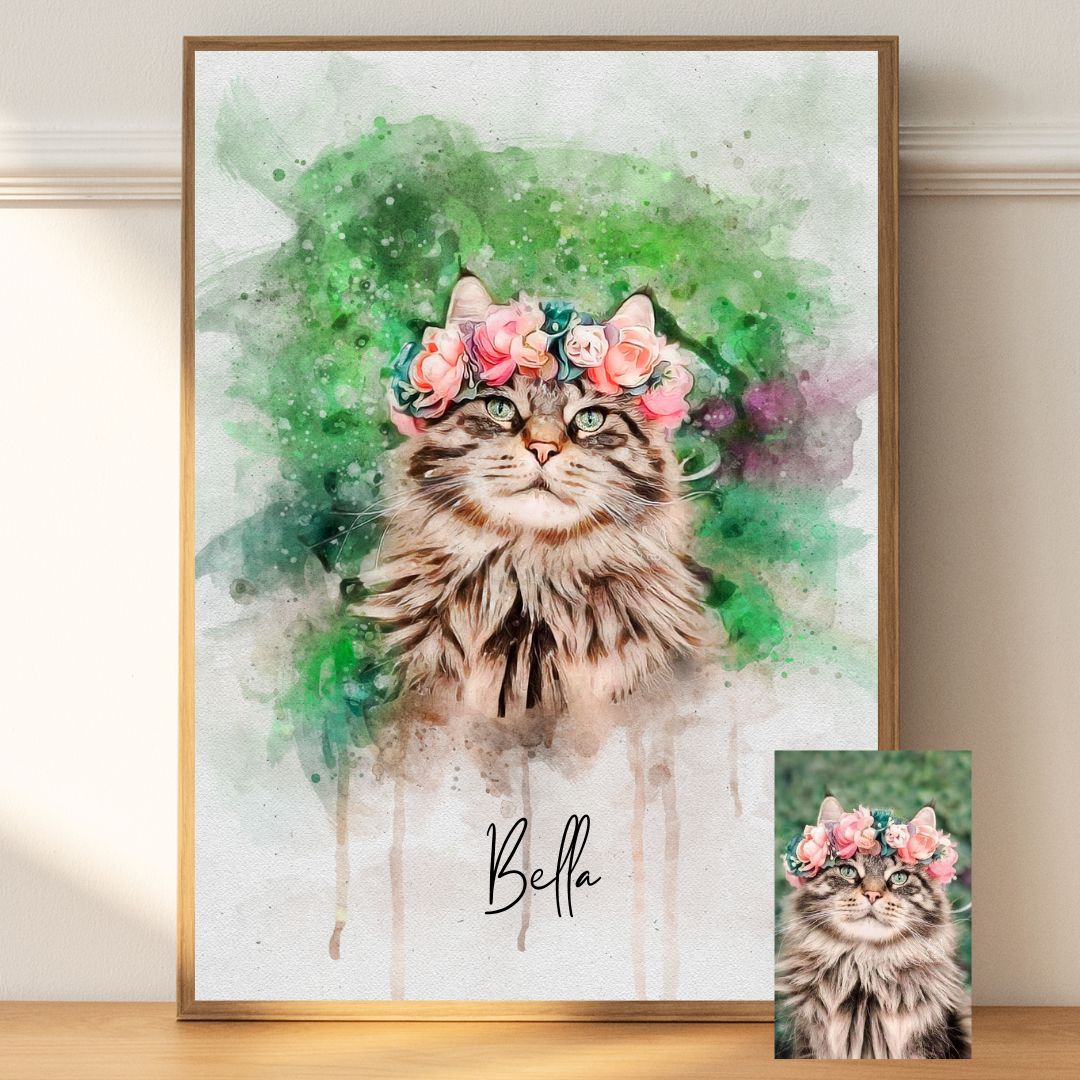 Watercolor cat portrait created from a photo, printed on paper